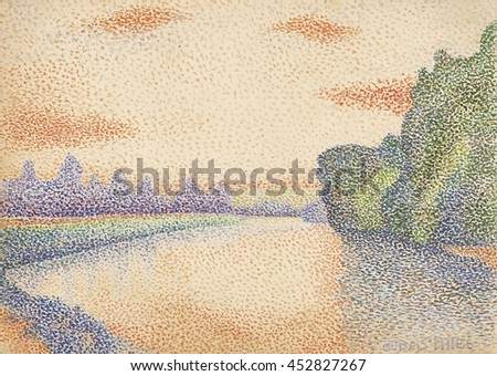 The Banks of the Marne at Dawn, by Albert Dubois-Pillet, 1888, French post-impressionist watercolor painting. The pointillist technique creates an overall image through small spots of color