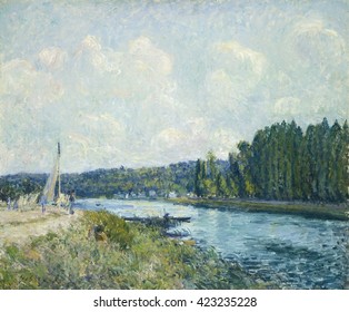 The Banks of the Oise, by Alfred Sisley, 1877-78, French impressionist painting, oil on canvas. River landscape with a sailboat and a skiff. In the 1870s Sisley lived and worked in the country west o