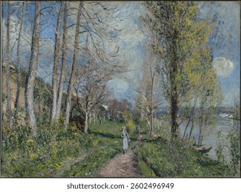 Banks of the Seine at By (c 1880-81) by Alfred Sisley. Vintage artwork, art illustration. Nature landscape illustration, vintage nature artwork.