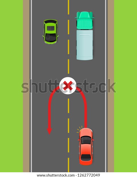 Banned\
car u-turn flat raster illustration. Road rule violation example on\
top view diagram. Traffic offences concept. Danger of car accident.\
Driving theory lesson. For driving courses\
test