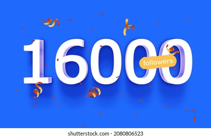 Banner with 16000 followers thank you in form of 3d black balloons and colorful confetti. illustration 3d numbers for social media 16k likes thanks, Blogger celebrating subscribers fans