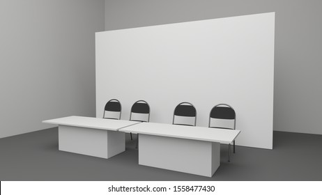 Banner 2x3 Metre. 3d Render. Mockup Of Press Wall. Backdrop With Chairs And Tables