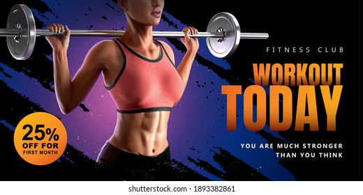 Banner ad template for fitness training gym. 3d illustration of athletic woman lifting barbell with purple brush stroke in the background.