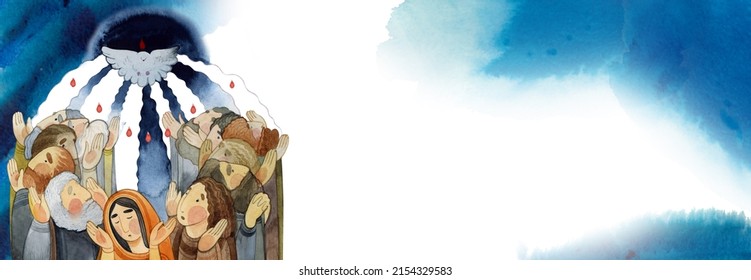 banner, background Descent of the Holy Spirit on the apostles, Day of the Holy Trinity, Pentecost. Praying men and women, the Holy Spirit in the form of a dove on a blue watercolor background