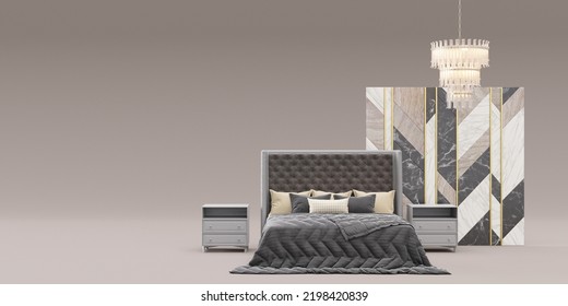 Banner With Bedroom Furniture And Copy Space For Your Advertisement Text Or Logo. Furniture Store, Interior Details. Furnishings Sale Or Interior Project Concept. Template With Free Space. 3d Render