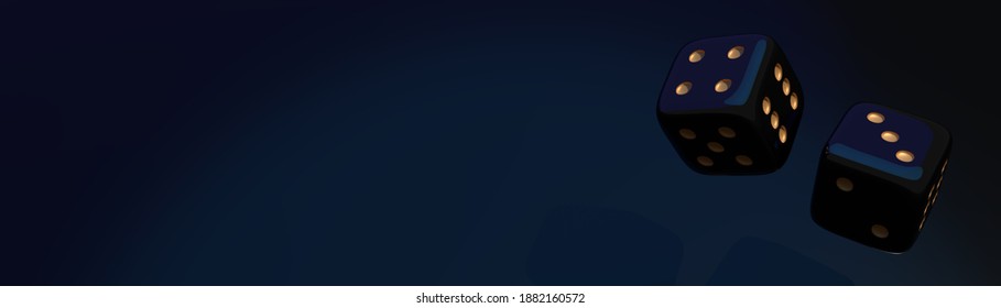 Banner Black Dice With Golden Dots Bouncing On A Dark Blue Matte Surface. Empty Copy Space For Text Or Logo. Ad, Entertainment, Online Casino, Table Game Or Gambling Concept. 3D Render Illustration - Powered by Shutterstock