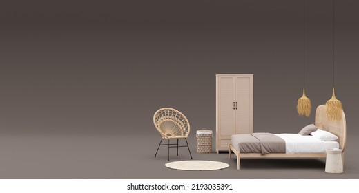 Banner With Boho Style Bedroom Furniture And Copy Space For Your Advertisement Text Or Logo. Furniture Store, Interior Details. Furnishings Sale. Interior Project. Template With Free Space. 3d Render