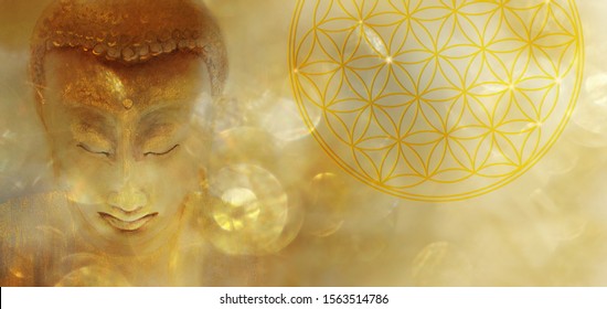 Banner Buddha In Glowing Golden Light With Flower Of Life Symbol In The Background