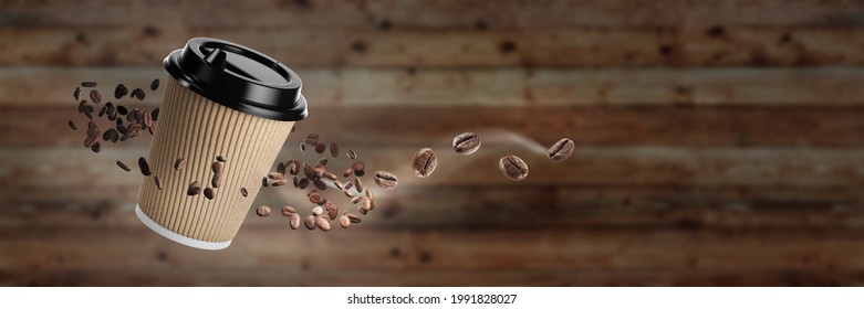 Banner For A Coffee Shop. Coffee Cup With Coffee Beans On A Wooden Background With Coffee Beans. Disposable White Paper Hot Drink Cup With Black Lid And Kraft Paper Combo Sleeve. 3D Rendering.