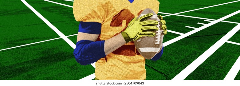 Banner. Contemporary art collage. American football player in colorful uniform holds ball close to chest against background of sport field. Concept of sport, tournament, competition, action. Ad - Powered by Shutterstock