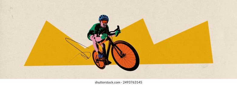 Banner. Contemporary art collage. Rider pedals bike with bold orange wheels, set against angular, yellow geometric shape that emphasizes motion and energy. Concept of sport, speed, competition, action - Powered by Shutterstock