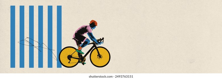 Banner. Contemporary art collage. Rider pedals bike with striking yellow wheels, set against minimalist beige background. Concept of sport, movement, speed, marathon, competition, action. - Powered by Shutterstock