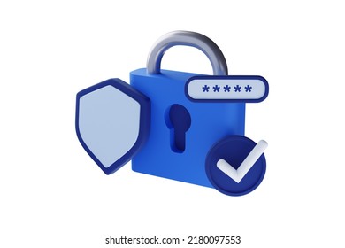 Banner with cyber security 3d render illustration of a shield with padlock. User Account protection on white background