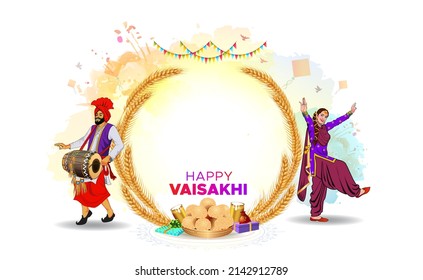 Banner design for Vaisakhi or Baisakhi festival celebration. Punjabi sikh harvest festival and bhangra dance