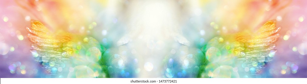 Banner Extra Wide: Angel With Beautifully Spread Wings In Bright Rainbow Colored Light