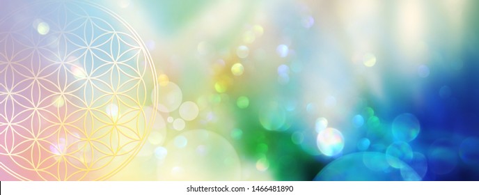 Banner flower of life in a sparkling field of rainbow colored light