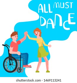 Banner Happy Disabled People Dancing. All Must Dance Dancing-party Or Studio Poster. Flat Art Rastered Copy