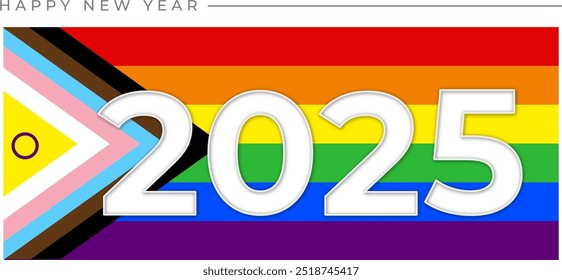 Banner Happy new year 2025 with LGBTQ plus Pride Flag - New Progress Pride Flag on the background - Powered by Shutterstock