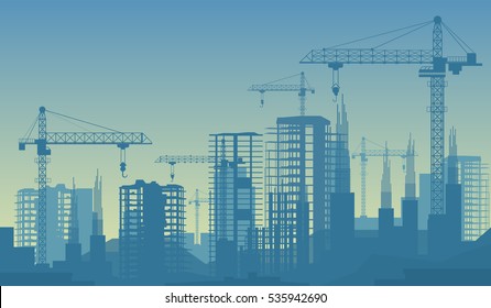 Banner illustration of buildings under construction in process