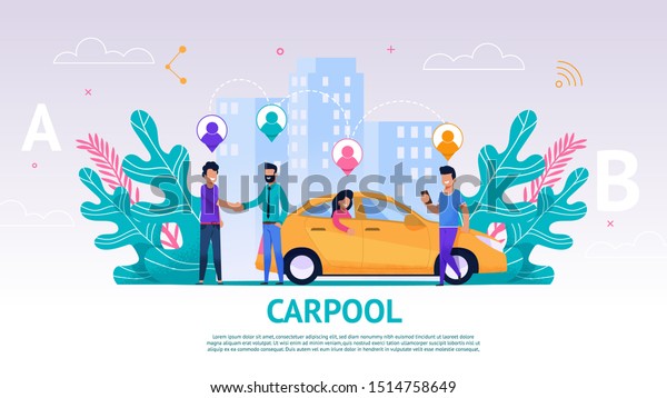 Banner Illustration Group People Travel Companion.\
Image Carpool. Men Greet. Guy Driver Greet his Fellow Travelers on\
Road. Traveling Together by Car. Woman Sitting Back Seat Car\
Waiting Trip