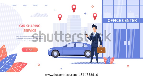 Banner Illustration Renting Car to Office Center.\
Image Guy Businessman Trip Business Meeting with Partner Using\
Mobile app Car Sharing Service. Convenient Online Resource Choice\
and Car Rental