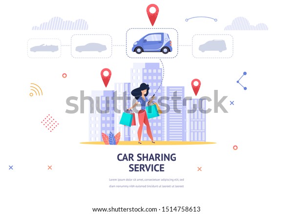 Banner Illustration Young Girl Online Choose\
Car. Image Woman with Packages her Hand Uses Mobile App Car Sharing\
Service. Choose Car for Trip Home from Shopping Mall. Serve to\
Client Location
