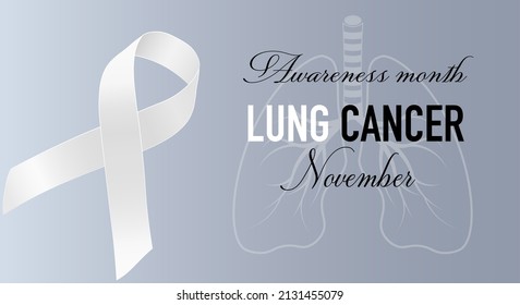 Banner with Lung Cancer Awareness Realistic White Ribbon. Design Template for Info-graphics or Websites Magazines on Gray Background.  - Powered by Shutterstock