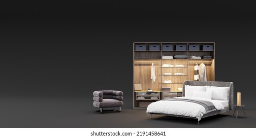 Banner With Modern Bedroom Furniture And Copy Space For Your Advertisement Text Or Logo. Furniture Store, Interior Details. Furnishings Sale. Interior Project. Template With Free Space. 3d Rendering