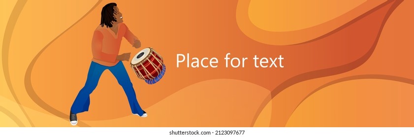 Banner Music Festival Dance Party, Flyer, Magazine Cover, Poster Template. Illustration Of An African American Male Dancer And Drum Instrument Tambla On An Orange Background