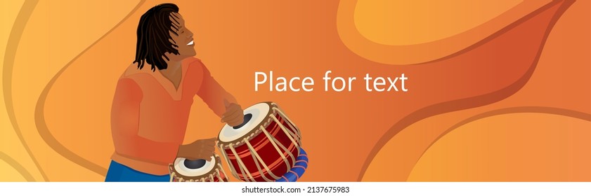 Banner Music Festival Dance Party, Flyer, Magazine Cover, Poster Template. Illustration Of An African American Male Dancer And Drum Instrument Tambla On An Orange Background