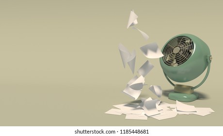 Banner With Old Green Fan Blowing On Blank White Sheets Of Paper. Isolated Objects On A Light Yellow-green Background With Space For Text. 3D Rendering