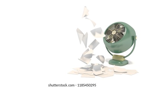 Banner With Old Green Fan Blowing On Blank White Sheets Of Paper. Isolated Objects On A White Background With Space For Text. 3D Rendering