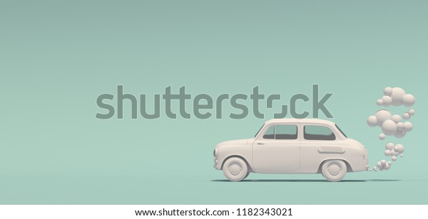 乗客が白いモノクロのレトロな車と排気ガスを漫画風にしたバナー 青緑色の背景に 3dレンダリング のイラスト素材