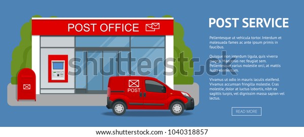 Banner Post office service with postman\
riding car for delivery, illustration isolated on background.\
Correspondence isolated vector\
illustration.