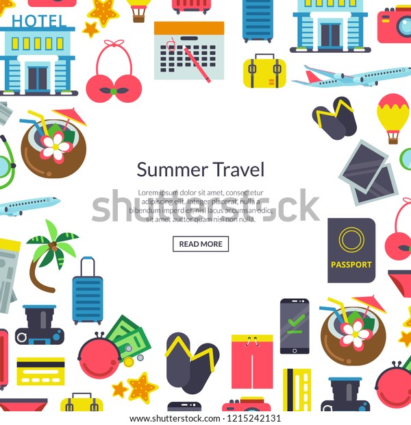 Banner and poster flat travel elements\
background illustration with place for text in\
center