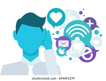 Banner Social listening. The man leaned his hand to his ear, and listens to icons.  lat illustration - Powered by Shutterstock