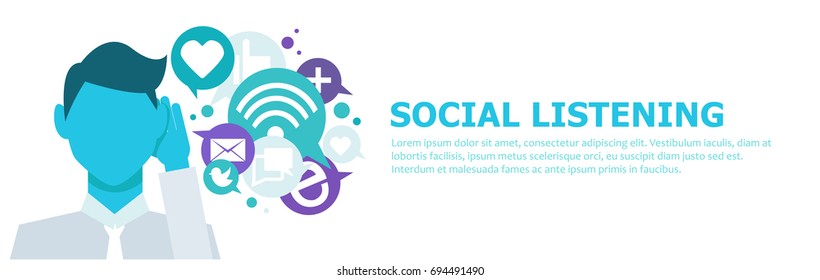 Banner Social listening. The man leaned his hand to his ear, and listens to icons.  lat illustration - Powered by Shutterstock