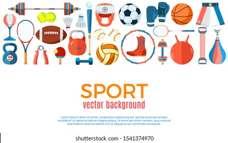 Banner of sport balls and gaming equipment. Background for promotional posters, advertising flyers, brochure or booklet, discount banners, sale. Healthy lifestyle tools. Illustration. - Powered by Shutterstock