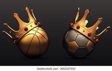 Banner Sports King Crown Ball Football Soccer Basketball Gold  3d Render 3d Rendering Illustration 