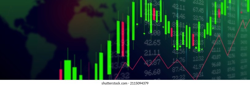 Banner of Stock market chart on world map background. Technical analysis with candle stick graph chart on digital LED display.