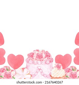 Banner of sweets with roses and hearts.Cake and cupcake.Place for the inscription. Watercolor illustration.Isolated on a white background.For your design cookbooks, kitchen accessories, birthday cards - Powered by Shutterstock