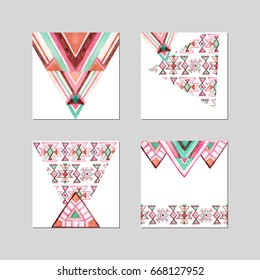 Banner template design with watercolor ethnic pattern. Traditional geometric ornament with ornate tribal elements and geometrical shapes. Hand painted illustration in authentic style.