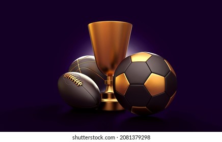 Banner Trophy Sports Ball Tennis Football Soccer Basketball Gold  3d Render 3d Rendering Illustration 