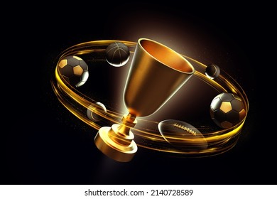 Banner Trophy Sports Ball Tennis Football Soccer Basketball Gold  3d Render 3d Rendering Illustration 