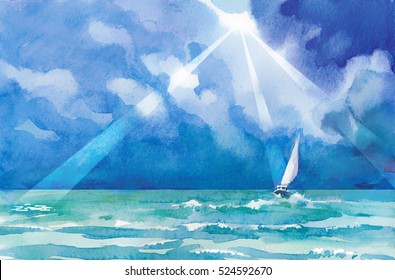 Banner In Watercolor Style. Marine Theme. Sailing, A Storm At Sea