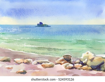 Banner In Watercolor Style. Marine Theme. Coast, Sand, Stones, Island