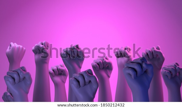 Banner with woman fists in fight. International Day\
for the Elimination of Violence against Women. November 25.\
Feminism. 3d illustration. International Women\'s Day. Pink\
background. March\
8.