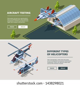 Banners With Airplanes Pictures. Military Isometric Aircrafts. Airbase With Fighter Aircraft, Airplane Isometric. Illustration