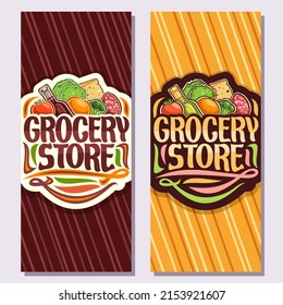 Banners for Grocery Store, leaflets with heap of fresh various farming fruits and vegetables, original brush typeface for words grocery store, brochures for farmer department in hypermarket - Powered by Shutterstock