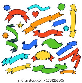Banners hand drawn elements of different colors and shape, icons of heart and star, ribbons raster illustration isolated on white background